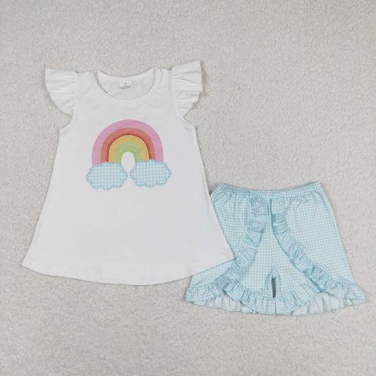 girls rainbow shirt blue gingham shorts outfit