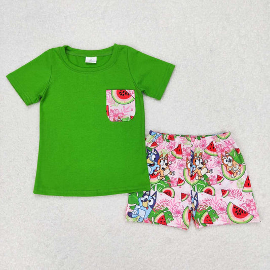 toddle baby boy blue cartoon dog watermelon outfit