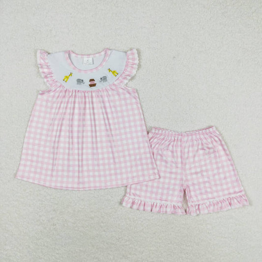 pink plaid embroidery elephant animal outfit
