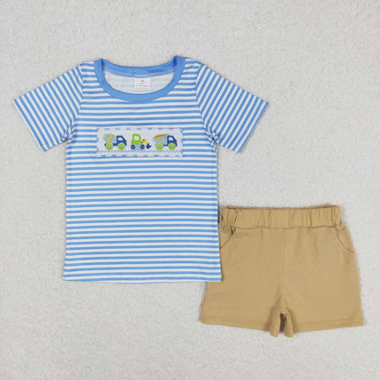 baby boy blue strips embroidery  consturction shirt khahi shorts outfit