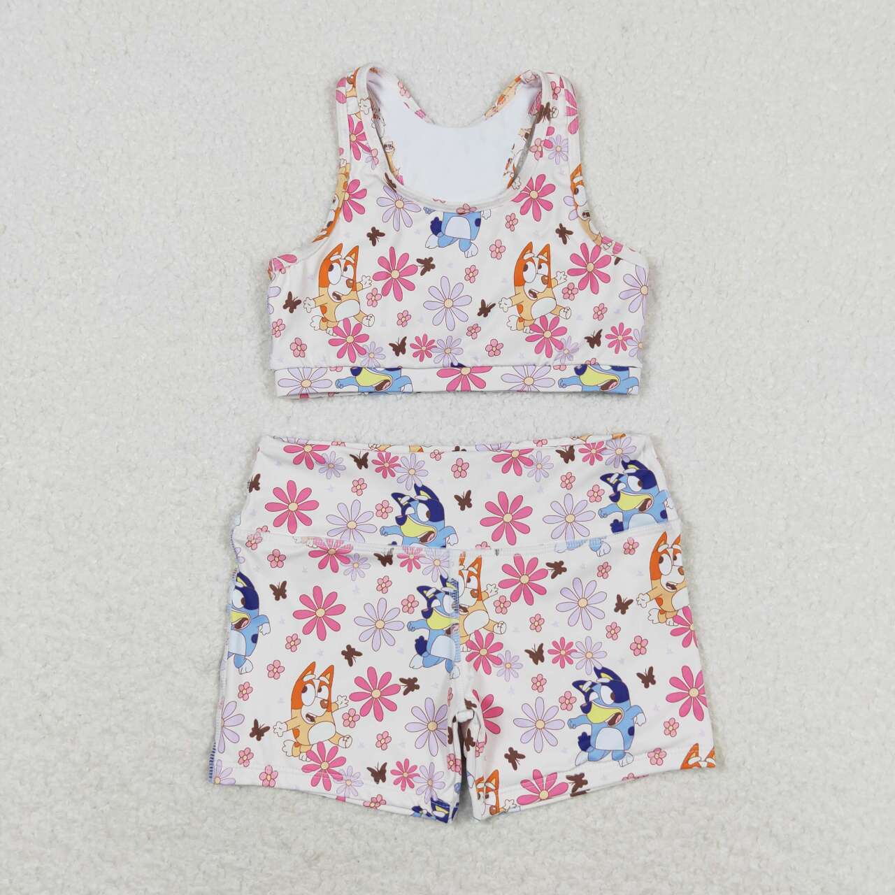 blue cartoon dog floral summer yoga short set