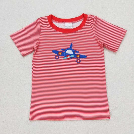 red stripes embroidery plane design short sleeve shirt