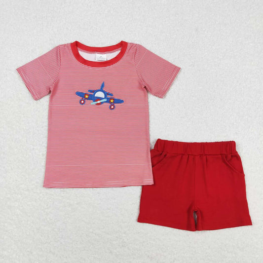 embroidery plane shirt red shorts outfit