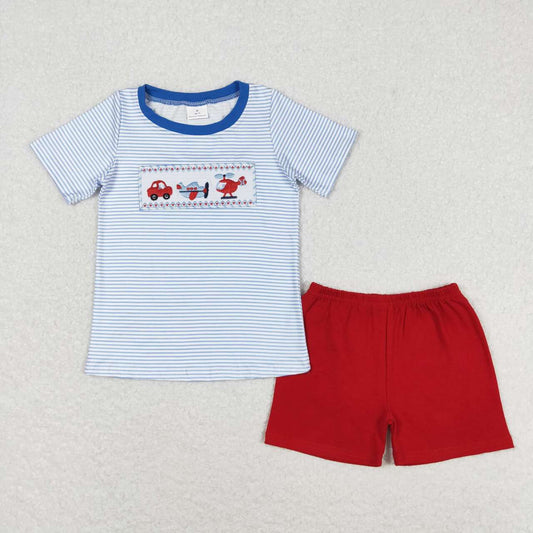 blue stripes embroidery car plane shirt red shorts outfit