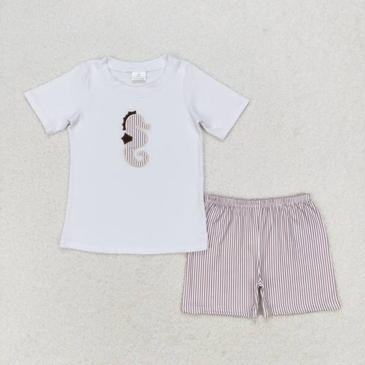 khaki stripes embroidery sea horse baby boy summer clothes