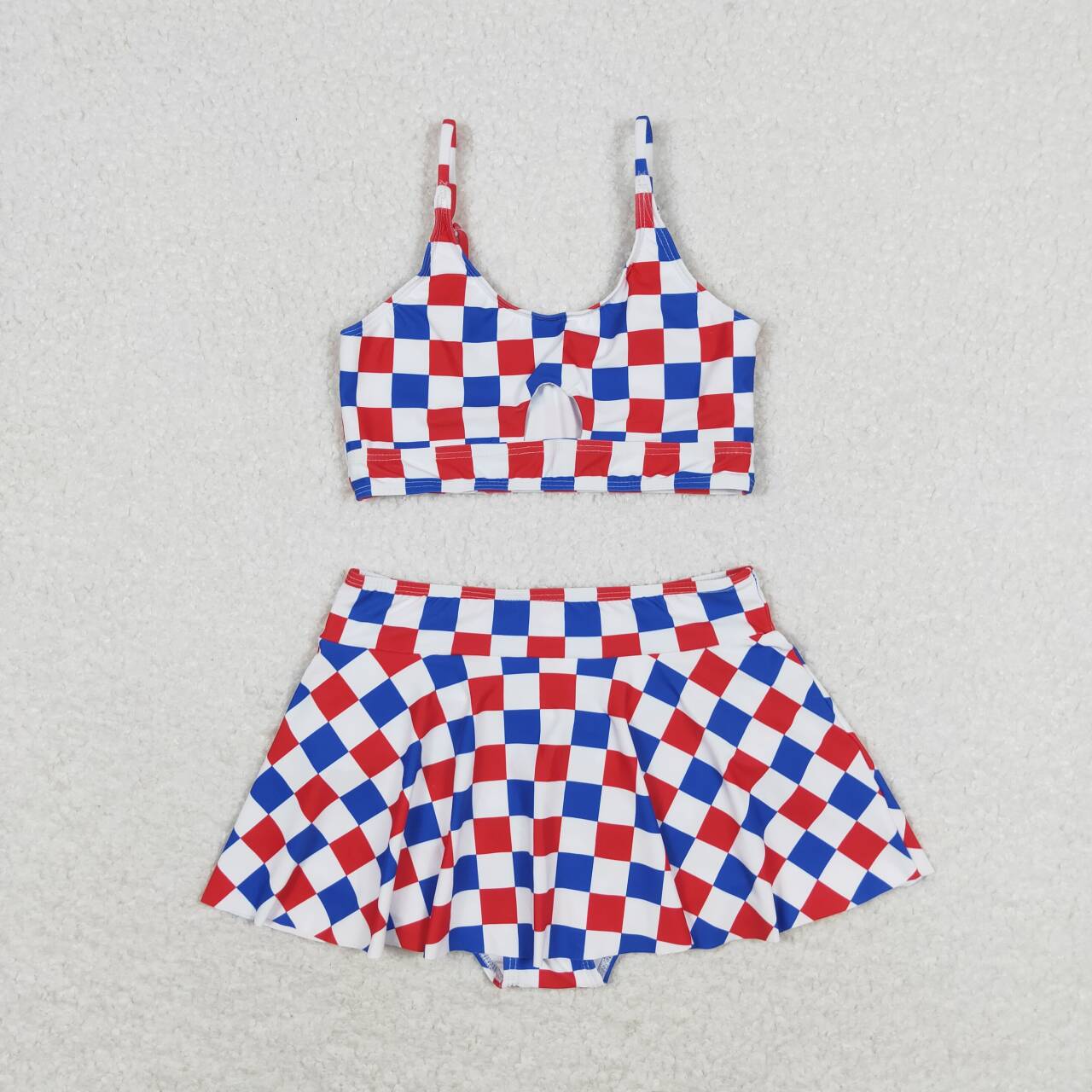 blue red white checkered two pieces bathing suit