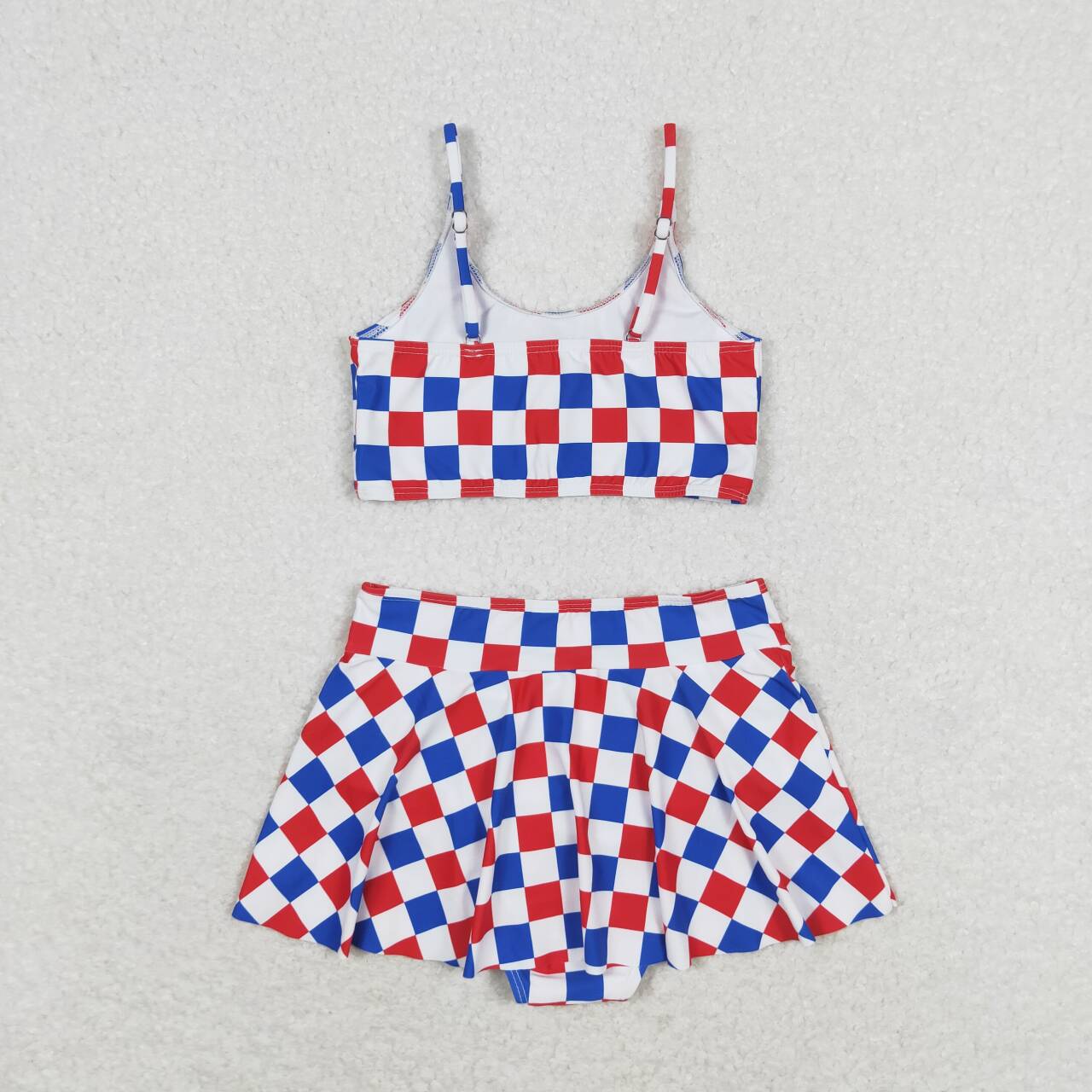 blue red white checkered two pieces bathing suit