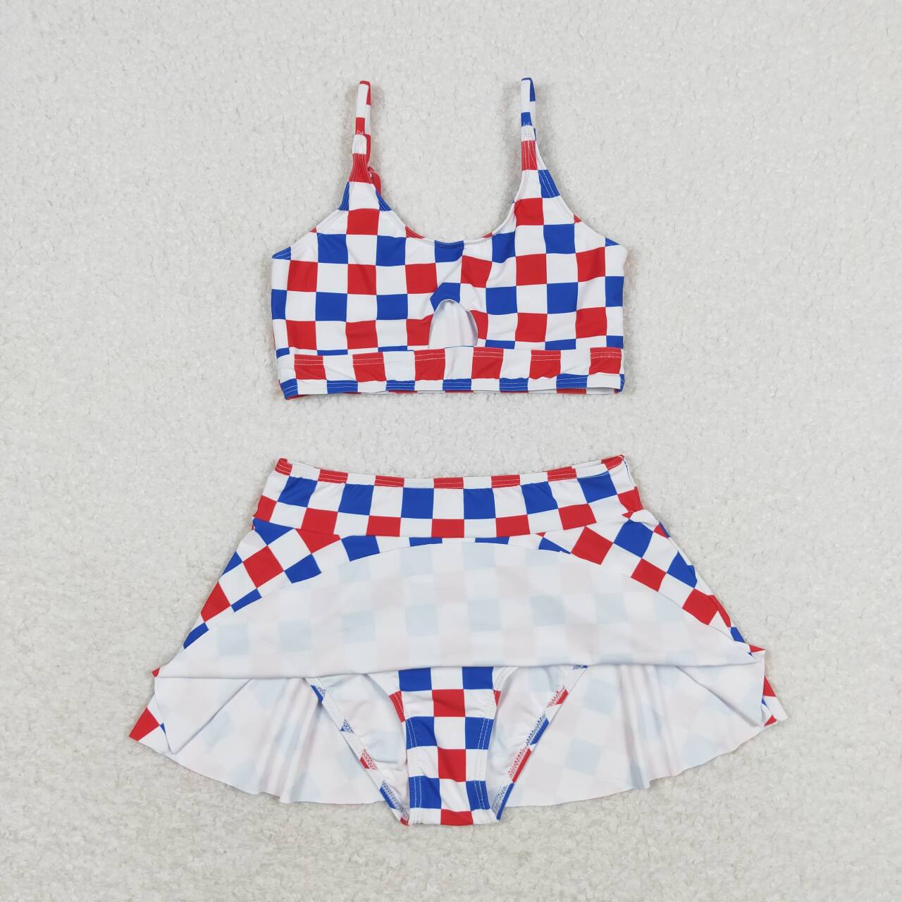 blue red white checkered two pieces bathing suit