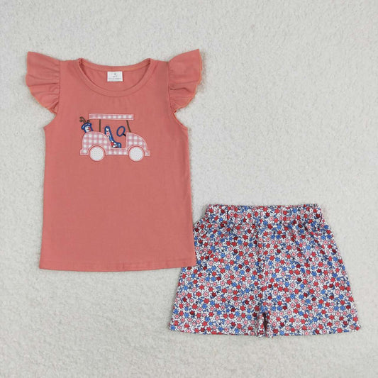 girls embroidery  golf shirt floral shorts outfit