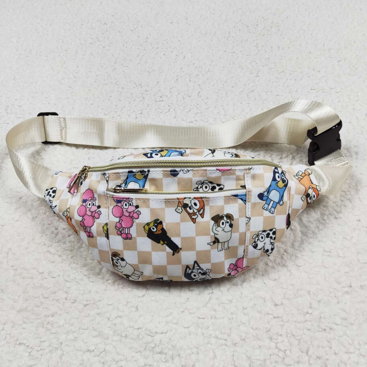 khaki checkered blue cartoon dog fanny pack