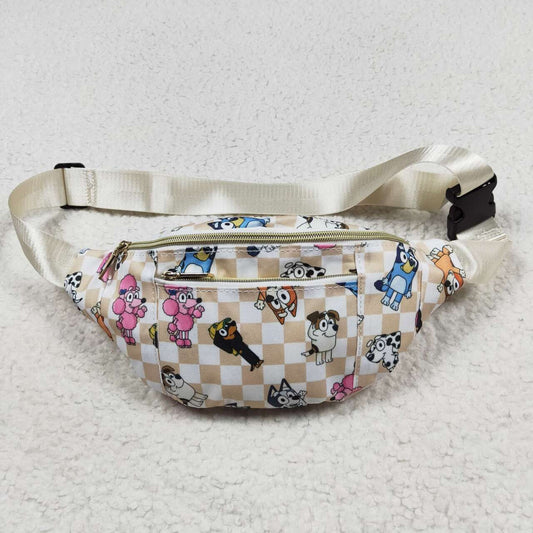 khaki checkered blue cartoon dog fanny pack