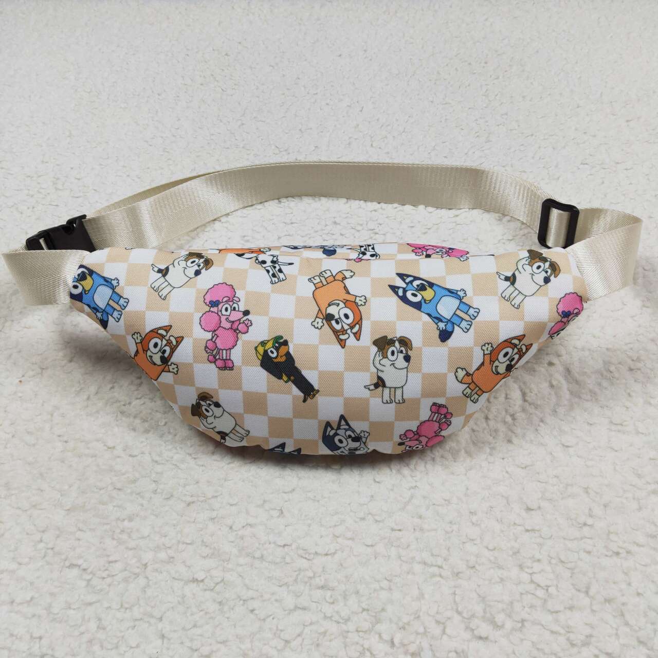 khaki checkered blue cartoon dog fanny pack