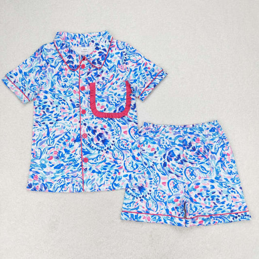 Adult blue floral short sleeve button down pajama set