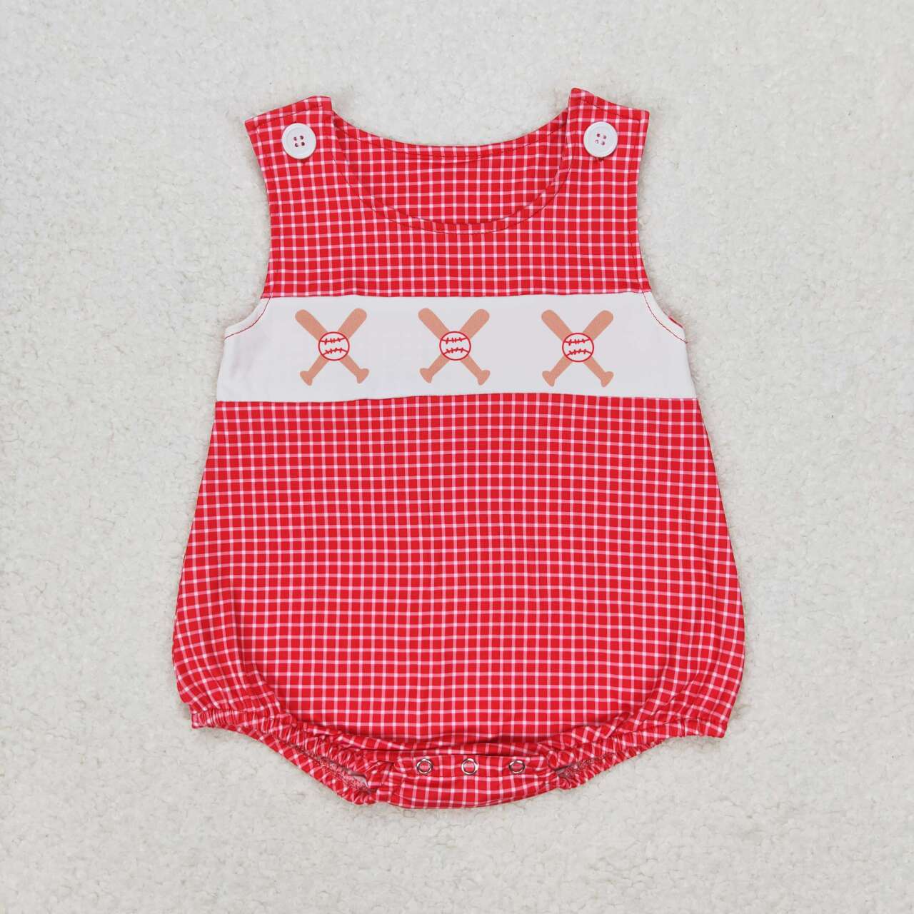 red plaid baseball baby romper