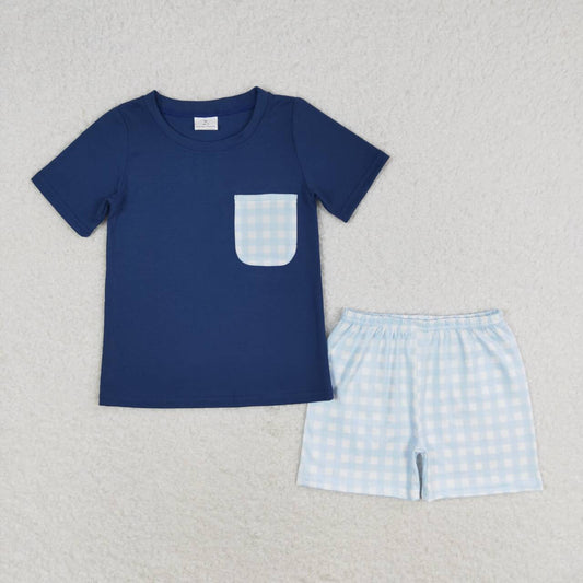 baby boy navy pocket shirt blue plaid shorts outfit