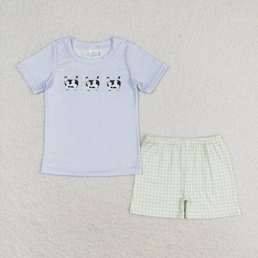 farm cow blue shirt plaid shorts summer boy outfit