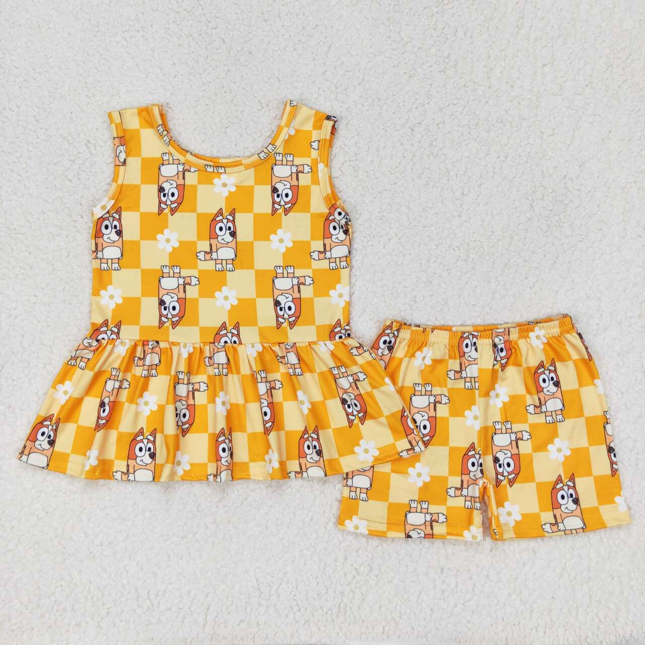 blue cartoon dog orange checkered summer outfit