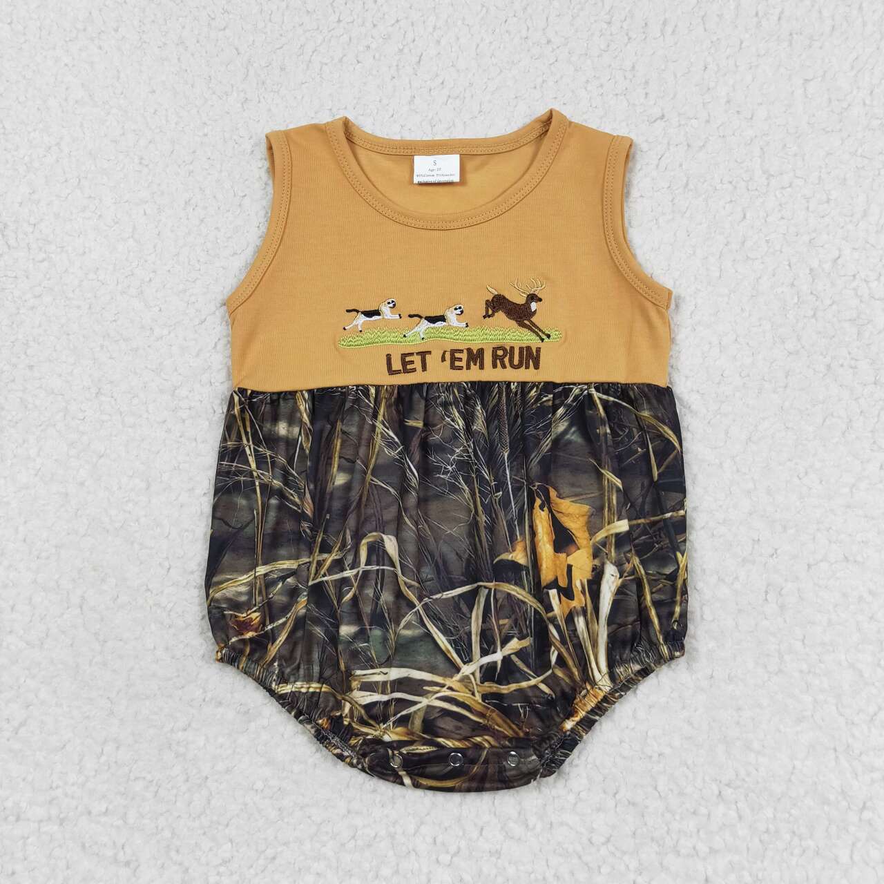 embroidery reindeer dog camo romper