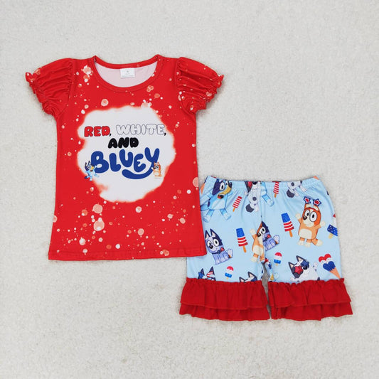 girls cartoon blue dog july 4th holiday clothes