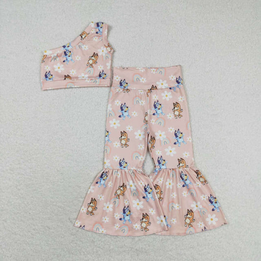 blue cartoon dog floral one shoulder top bell bottoms outfit