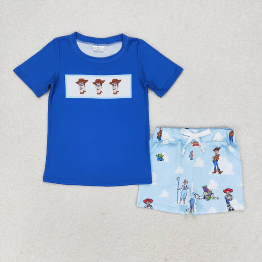 blue cartoon story shirt matching shorts boy summer outfit