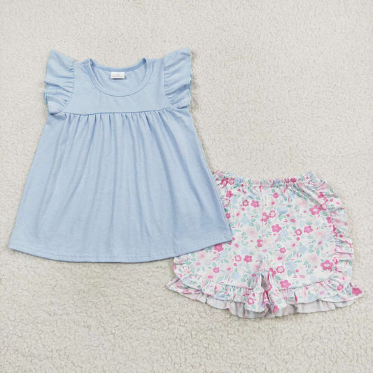 blue shirt pink floral shorts girls clothing set