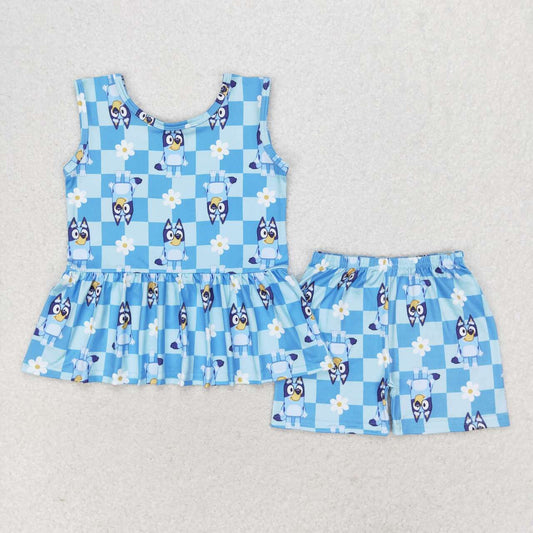 blue cartoon dog checkered summer outfit