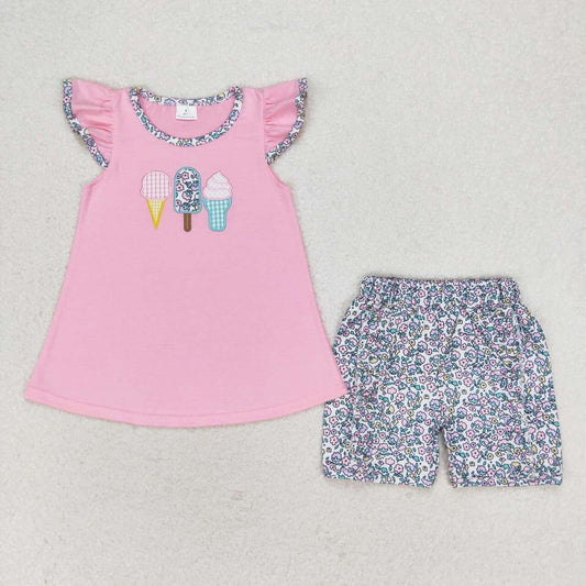 infant baby girl embroidery popsicle pink shirt floral shorts outfit