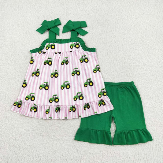 green tractor pink stripes summer clothing set