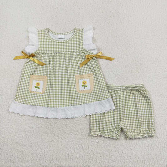 infant baby girls sunflower green gingham outfit