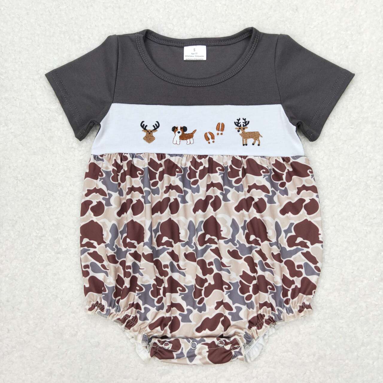 toddle baby boy camo embroidery reindeer dog romper