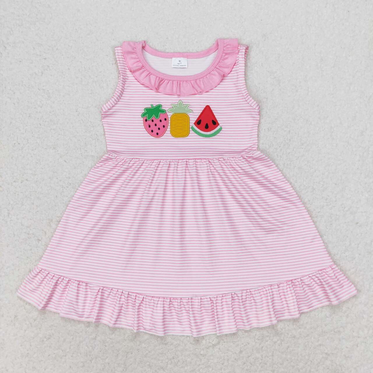 embroidery strawbeery pineapple watermelon fruit pink stripes dress