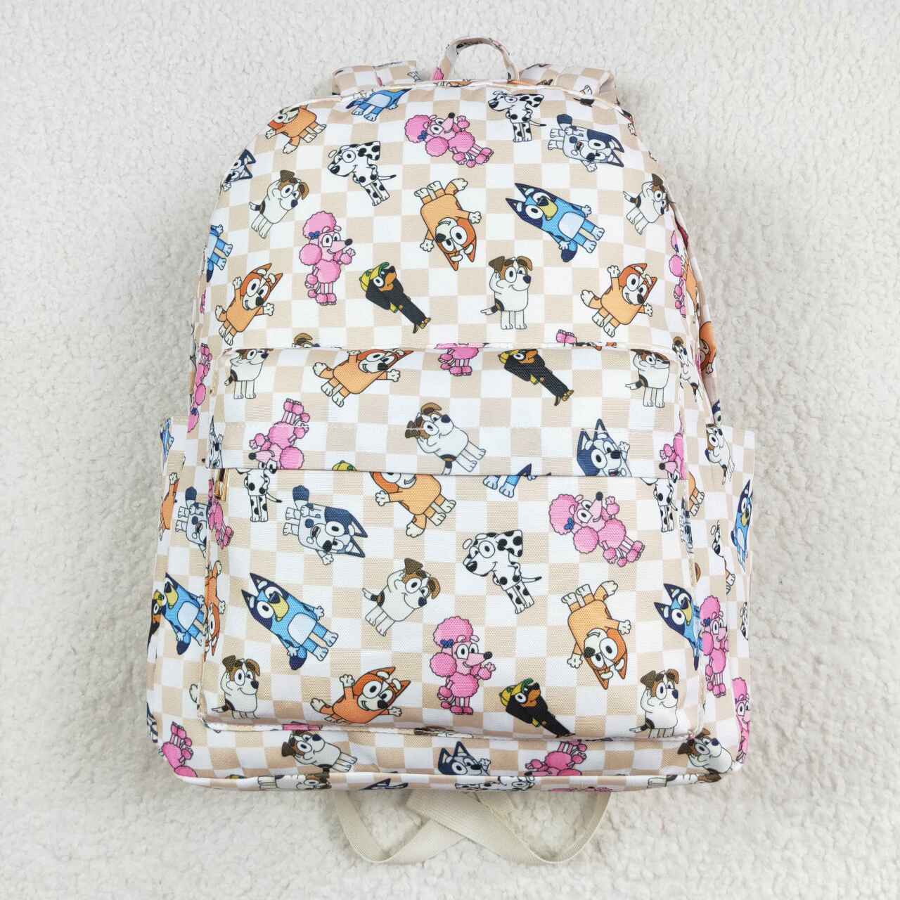 khaki checkered blue cartoon dog backpack