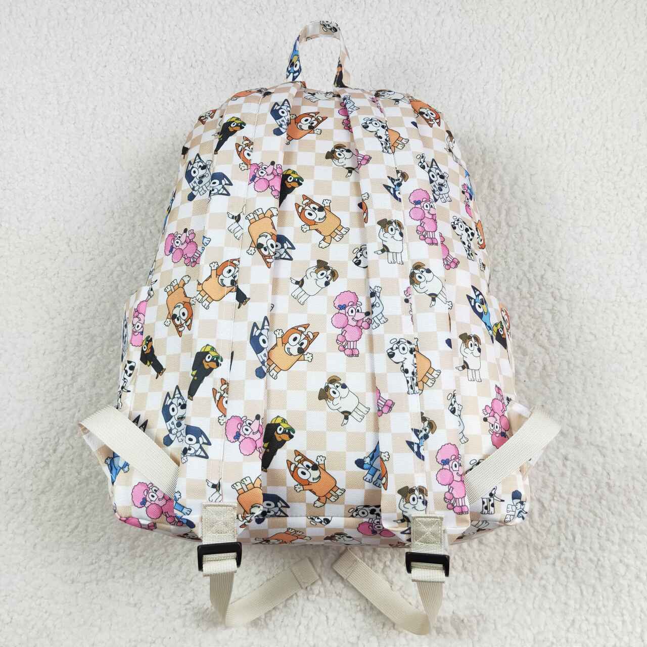 khaki checkered blue cartoon dog backpack