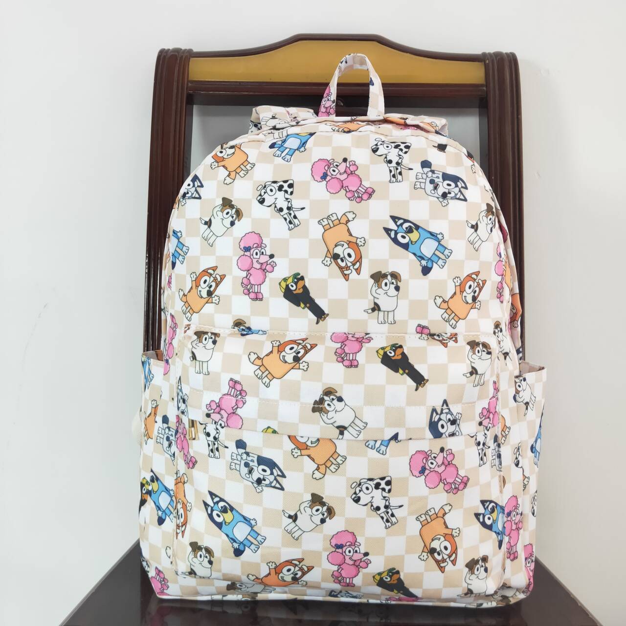 khaki checkered blue cartoon dog backpack