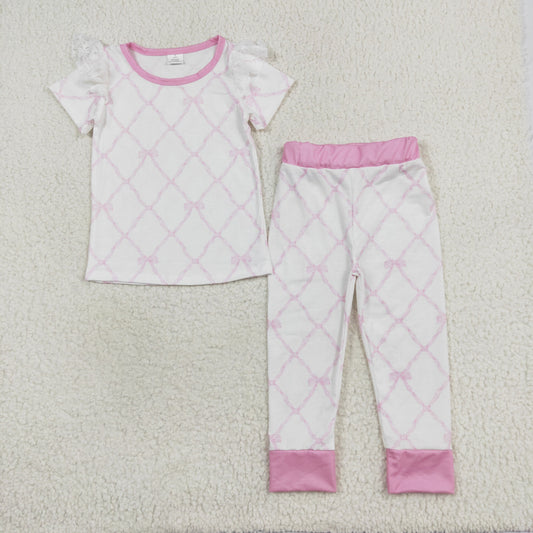 pink bowknot short sleeve shirt matching pants bamboo outfit