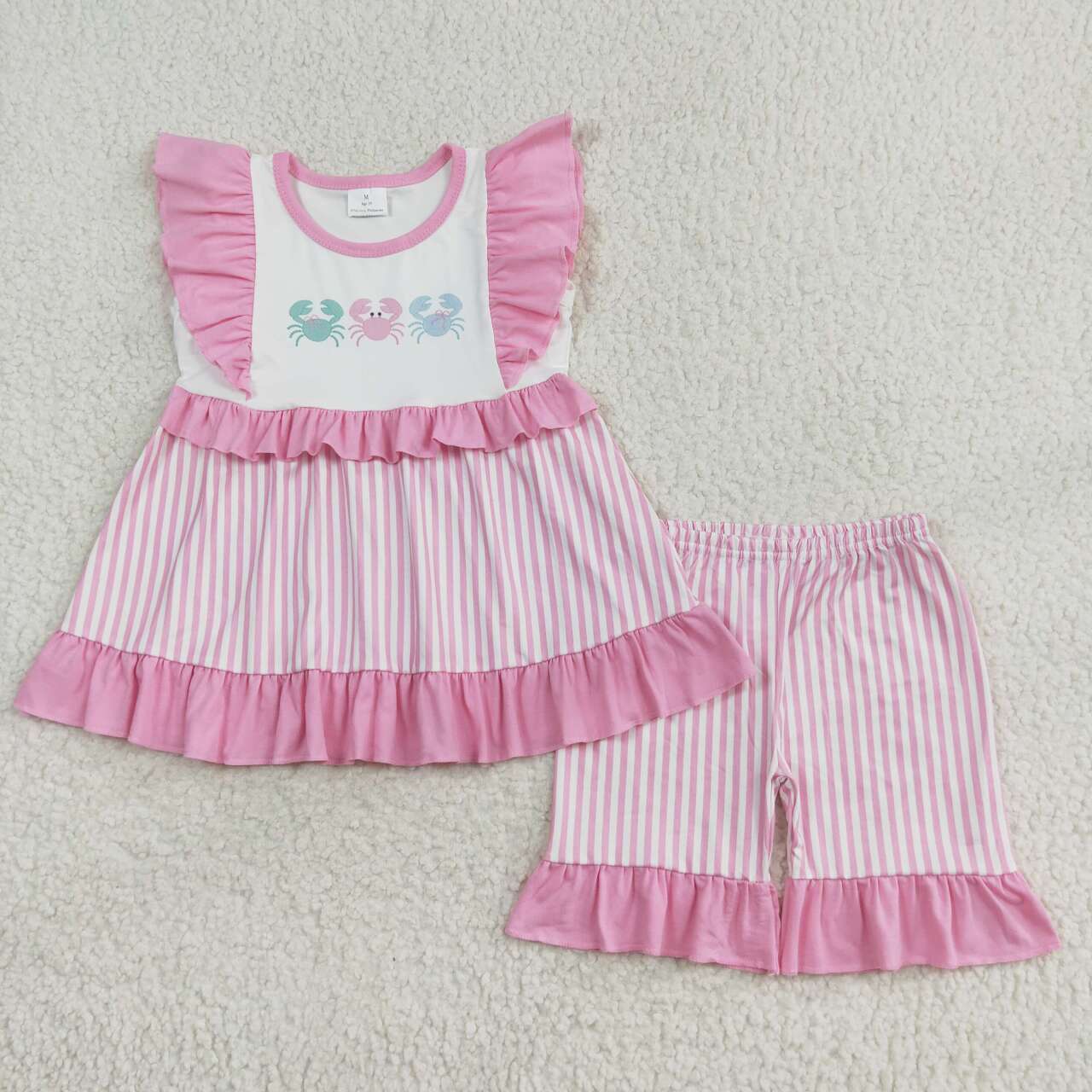 best sister crab design pink stripes summer clothing set