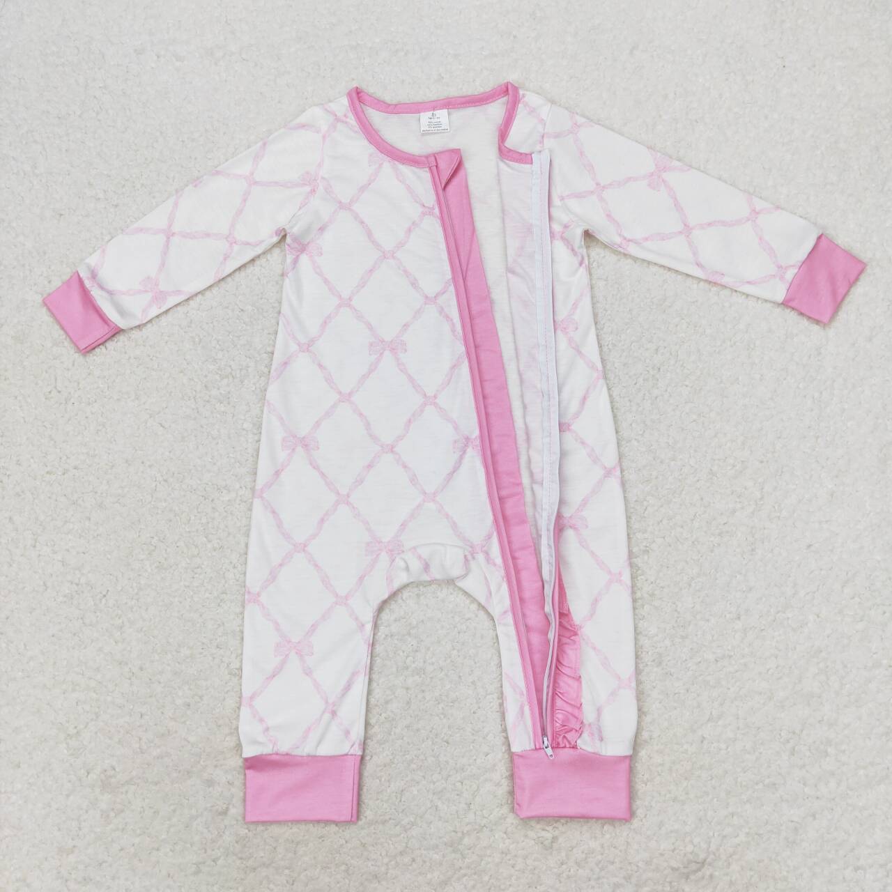 pink bowknot long sleeve zip bamboo romper