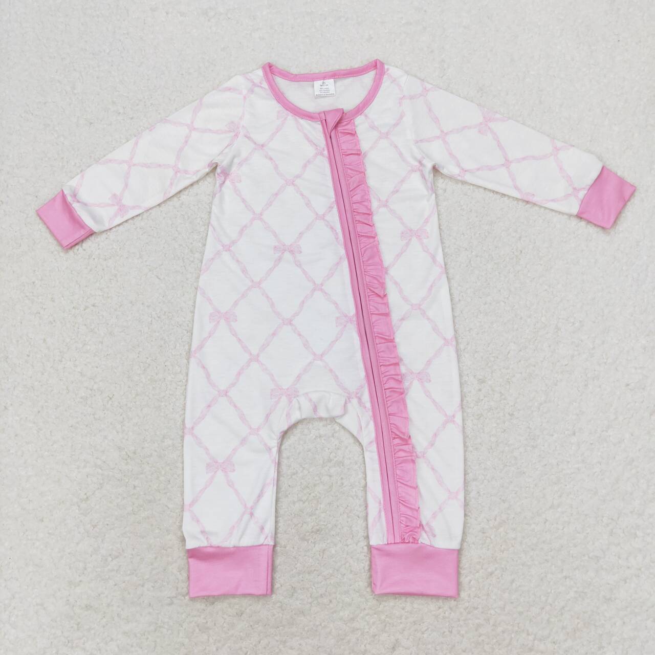 pink bowknot long sleeve zip bamboo romper