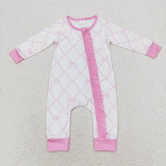 pink bowknot long sleeve zip bamboo romper