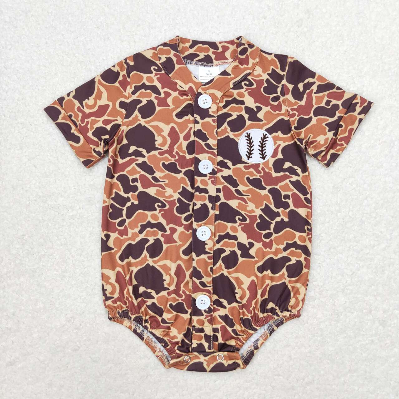 toddle baby boy brown camo embroidery baseball button romper