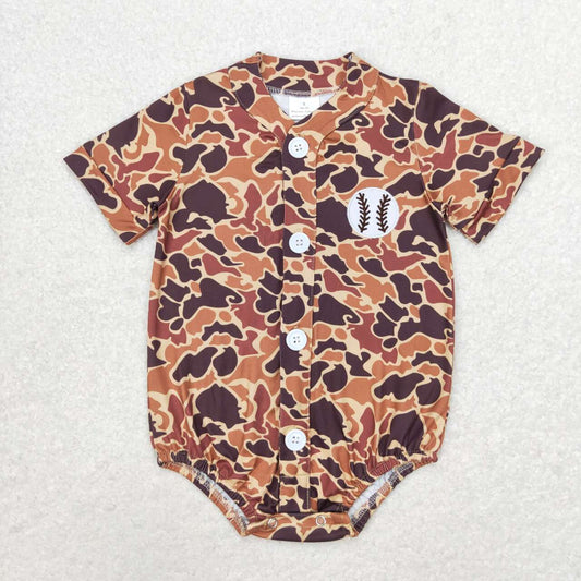 toddle baby boy brown camo embroidery baseball button romper