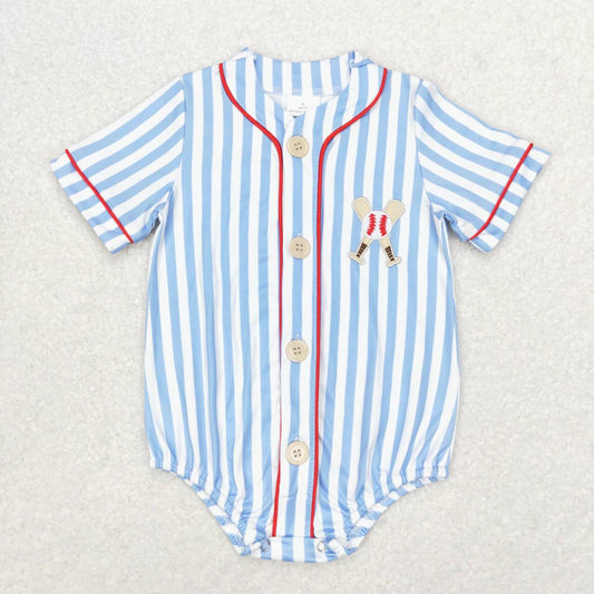 blue stripes embroidery baseball sport romper