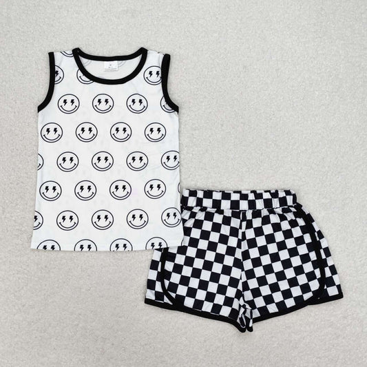 smile face tank top black checkered shorts outfit