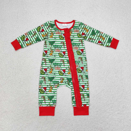 christmas green face long sleeve zip romper