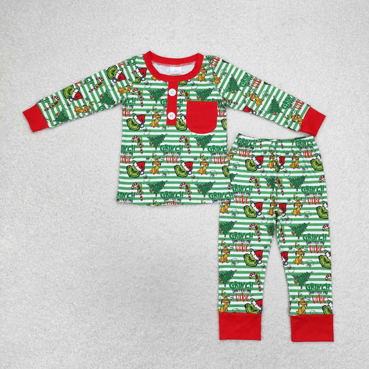 baby boy christmas green face long sleeve pocket pajama set