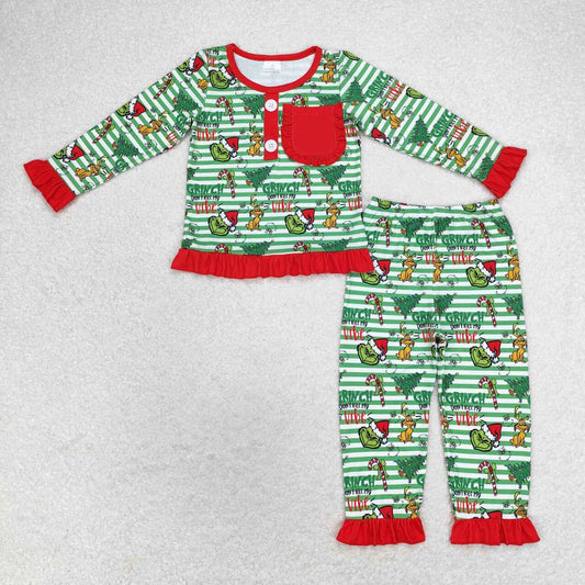 baby girl christmas green face long sleeve pocket pajama set