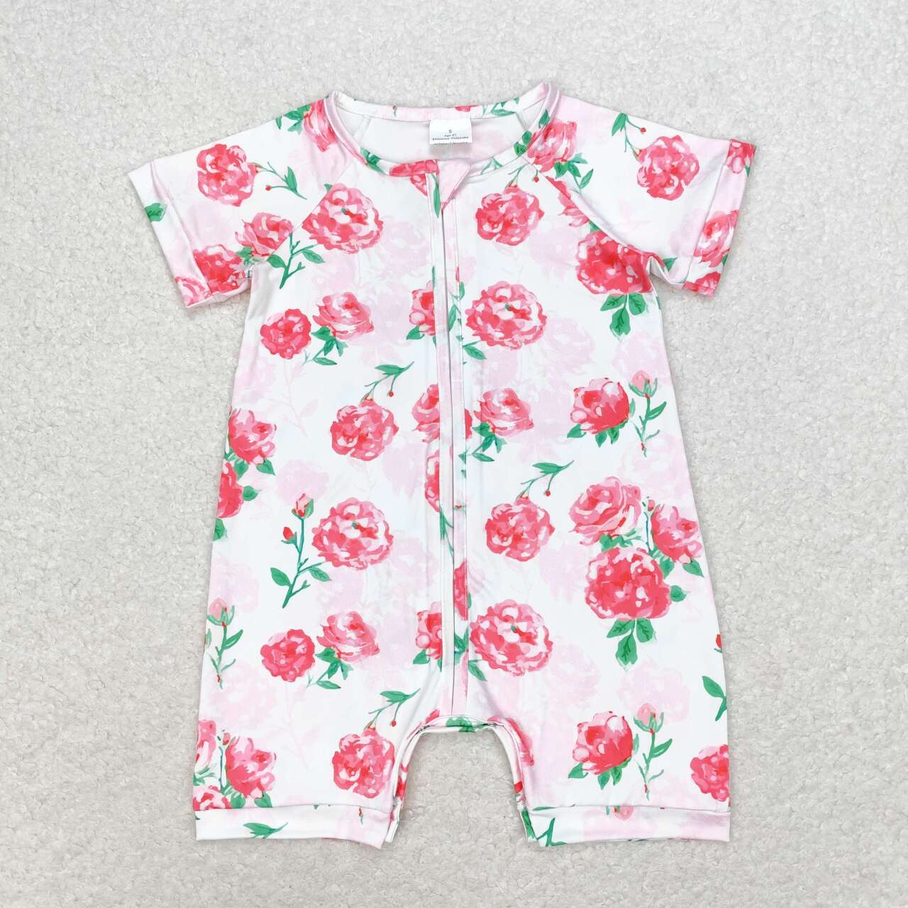 pink floral short sleeve zip romper