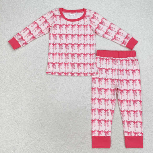 kids girls long sleeve pink bow print pajama set