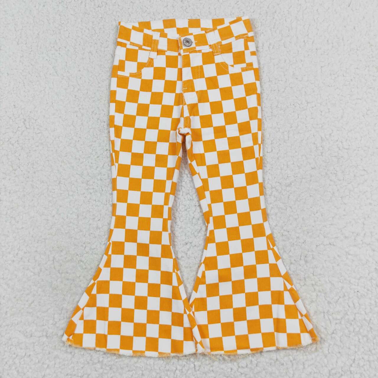 infant baby girls wholesale yellow checkered jeans bell bottoms factory price